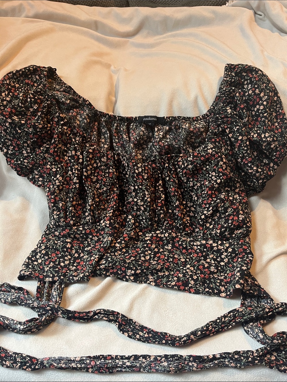 Ambiance Black Floral Puff-Sleeve Crop Top